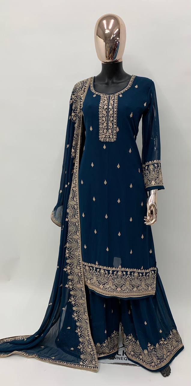 Designer Blue Jari Embroidered Full Stitched Sharara Suit