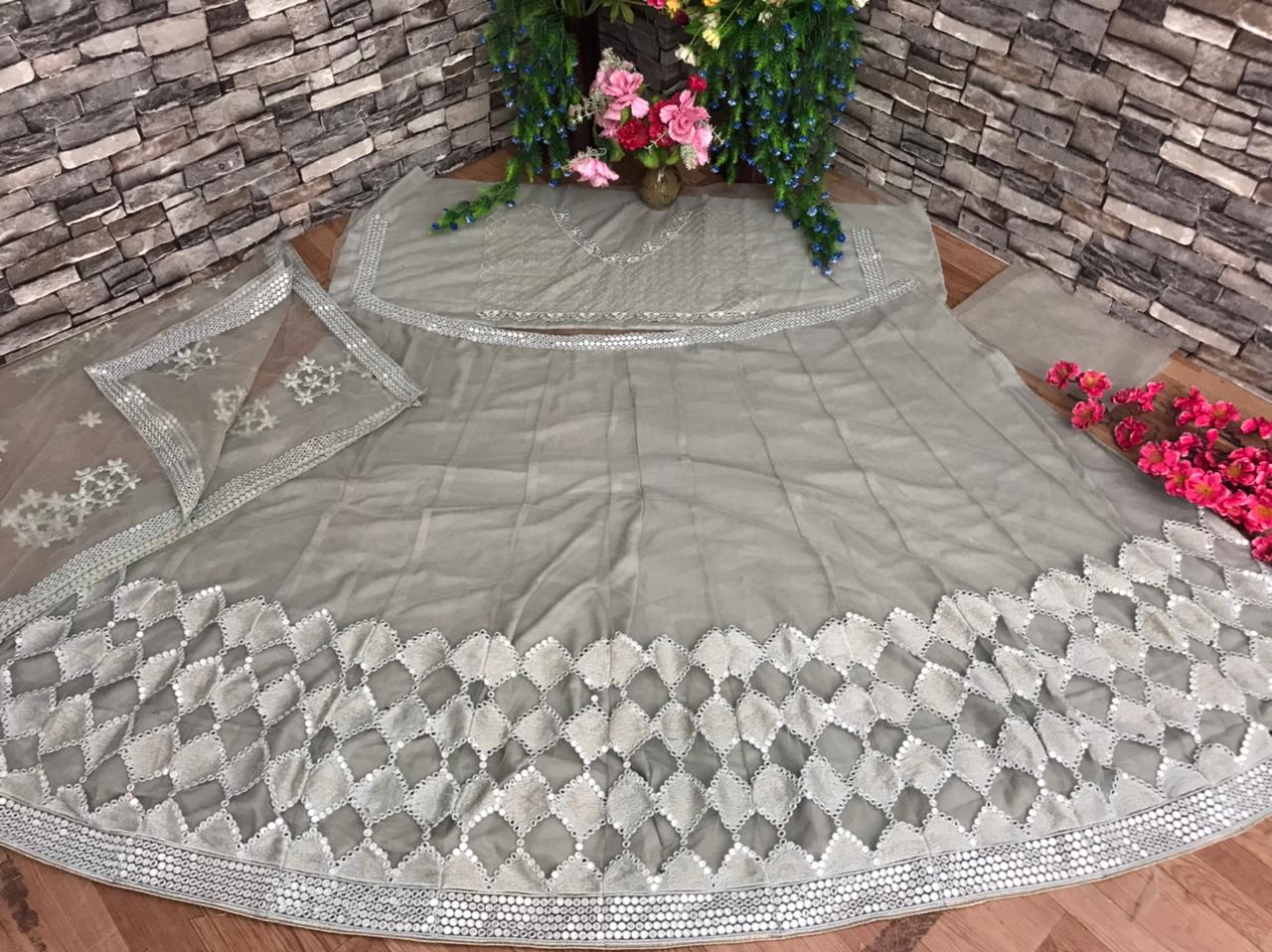 Surpassing Grey Color Festive Wear Net Designer Sequence Embroidered Work Lehenga Choli