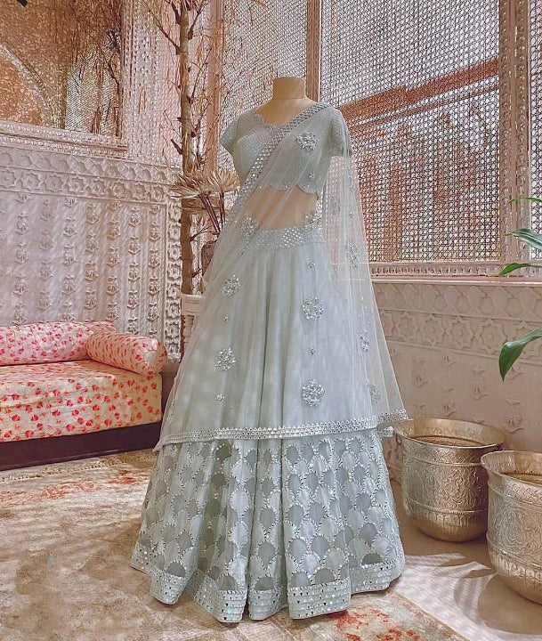 Surpassing Grey Color Festive Wear Net Designer Sequence Embroidered Work Lehenga Choli