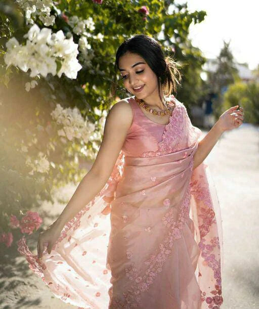Stylish Baby Pink Color Organza Embroidered Pearl Work Saree