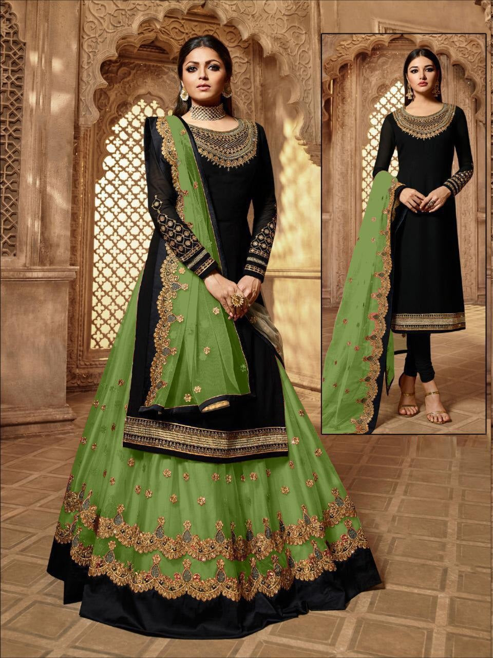 Buy Green Embroidery long Jacket with Lehenga for Girls Online
