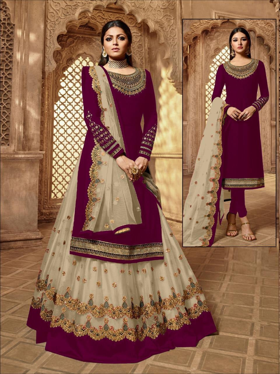 Wedding Wear Faux Georgette Lehenga Style Salwar Suit For Women