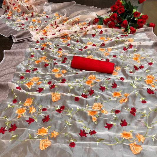 Knockout Beige Color Party Wear Organza Zari Multi Work Saree Blouse