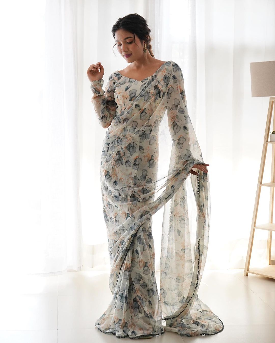 Ready to Wear Printed Saree In Organza Silk With Unstitched Blouse