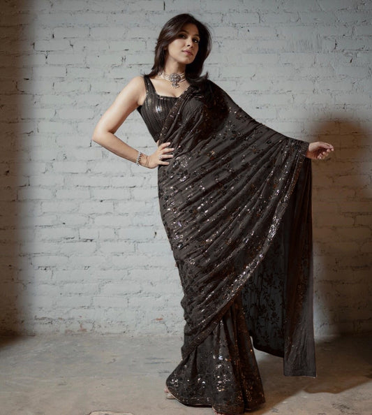 Beautiful Light Color Georgette Heavy Sequence Work Designer Saree Blouse For Women