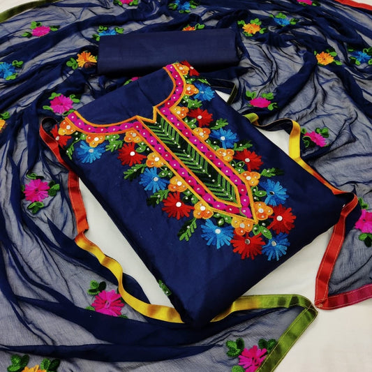 Navy Blue Chanderi Silk Embroidered Unstitched Dress Material