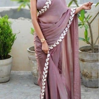 Onion Color Rangoli Silk White Embroidered Thread Work Border Saree