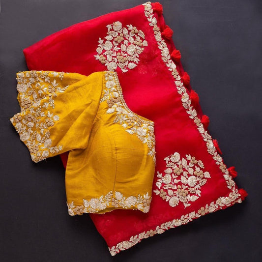 Function Wear Red Color Georgette Embroidered Saree Blouse