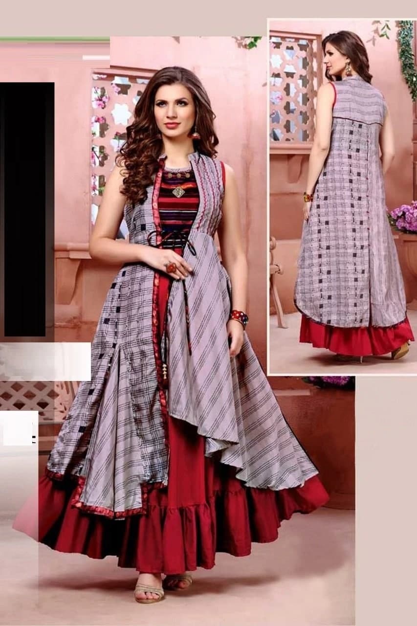 Wedding Wear Grey Color Crep Rayon Printed Full Stitched Kurti For Girls