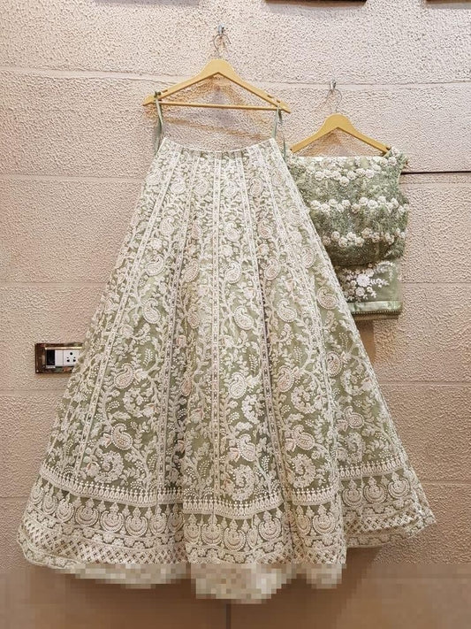 Wedding Wear Pista Color Net Embroidered Lehenga Choli