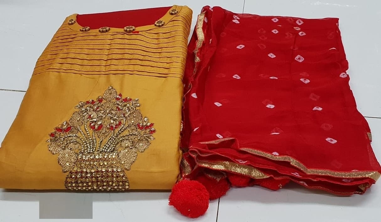 Mustard  And Red  Color Salwar Suit Dress  Material