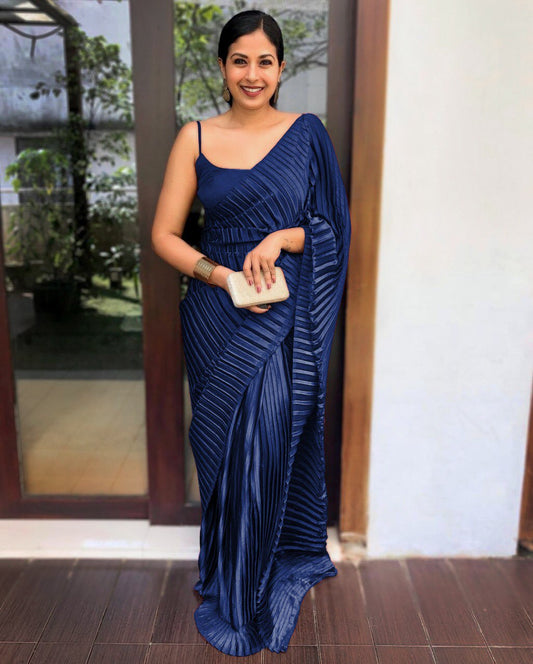 Party Wear Satin Silk Pleated Crush Plain Saree Blouse For Women