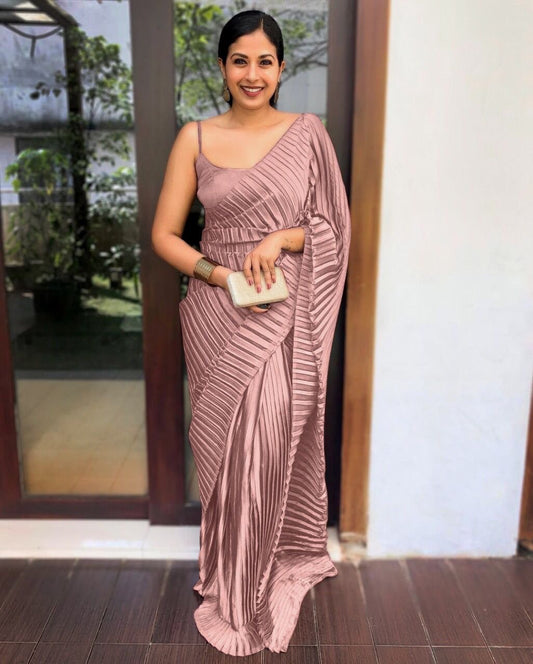 Beautiful Coral Color Satin Silk All Over Plating Designer Saree