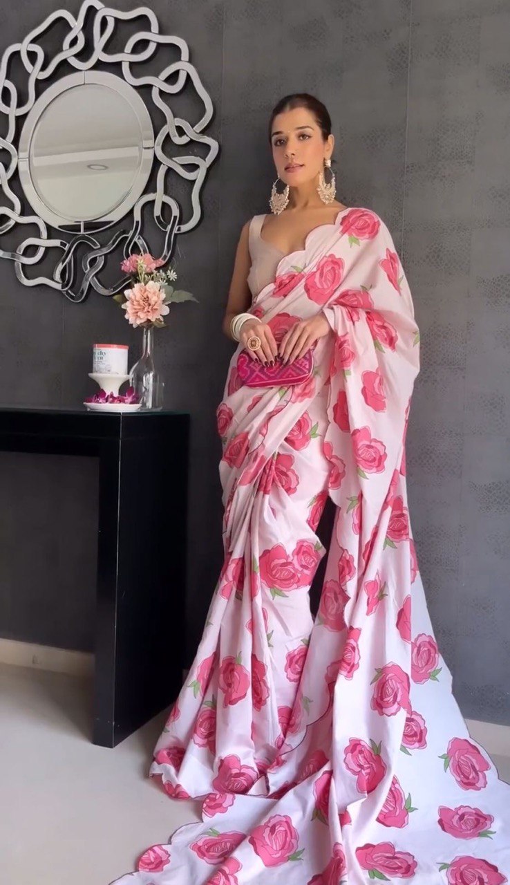 Heavy Satin Silk Digital Printed Saree With Cut Work Border And Banglory Satin Blouse