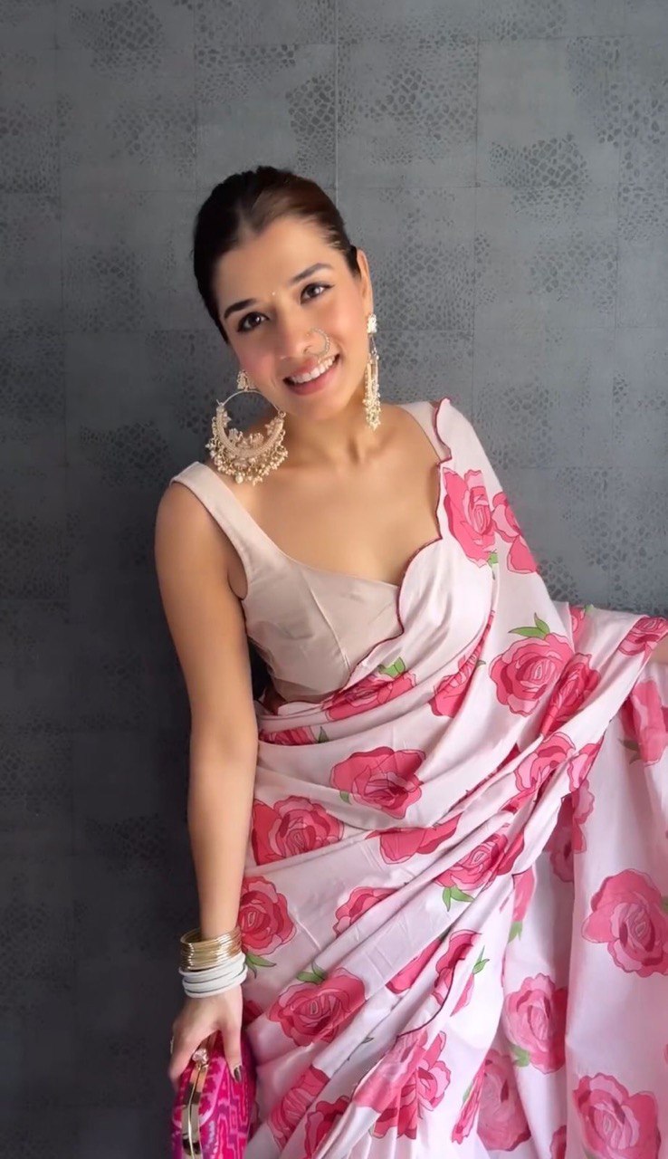 Heavy Satin Silk Digital Printed Saree With Cut Work Border And Banglory Satin Blouse