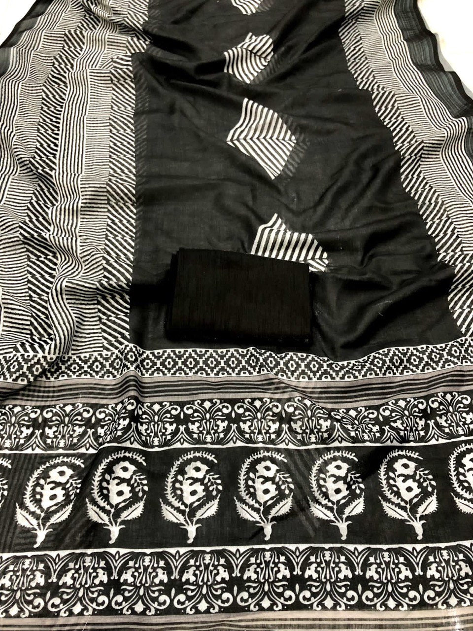 Pure Cotton Zari Patta Digital Printed Saree With Banglori Satin Blouse