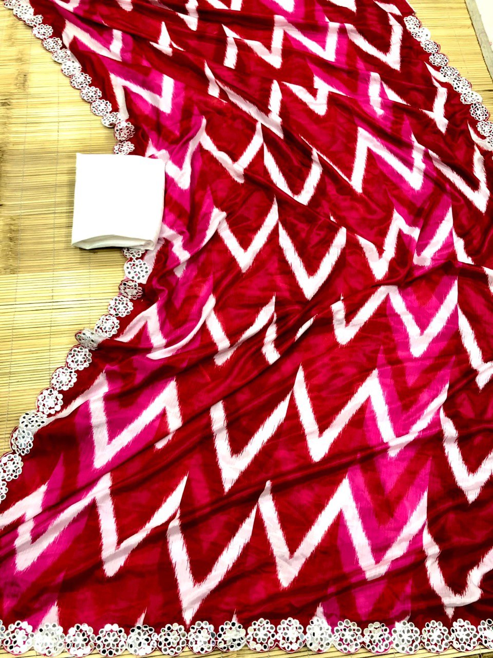 Pink Color Heavy Chinnon Digital Print Saree with Border Lace Work