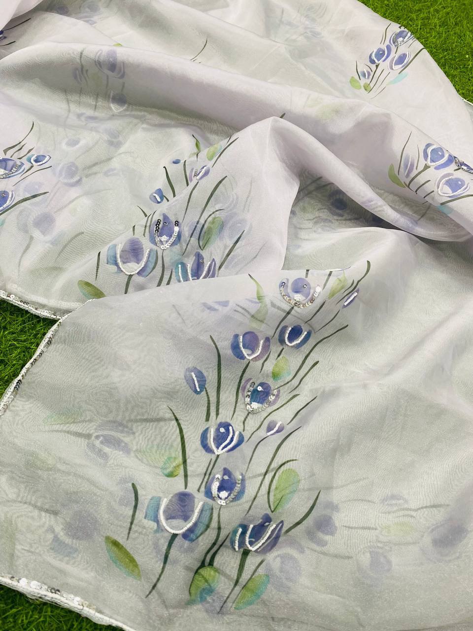 Soft Organza Silk Digital Prited Handworked Grey Colour Saree With Satin Silk Blouse