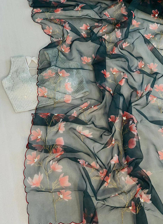 Soft Organza Silk Digital Printed  Handworked Saree With Sequence Worked Blouse