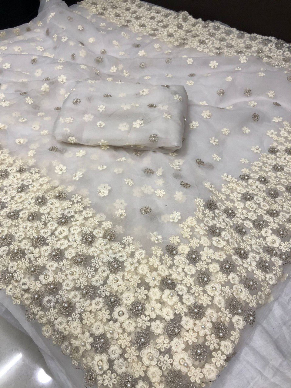 Heavy Organza Silk Embroidary And Moti Worked Saree Fantom Silk Blouse