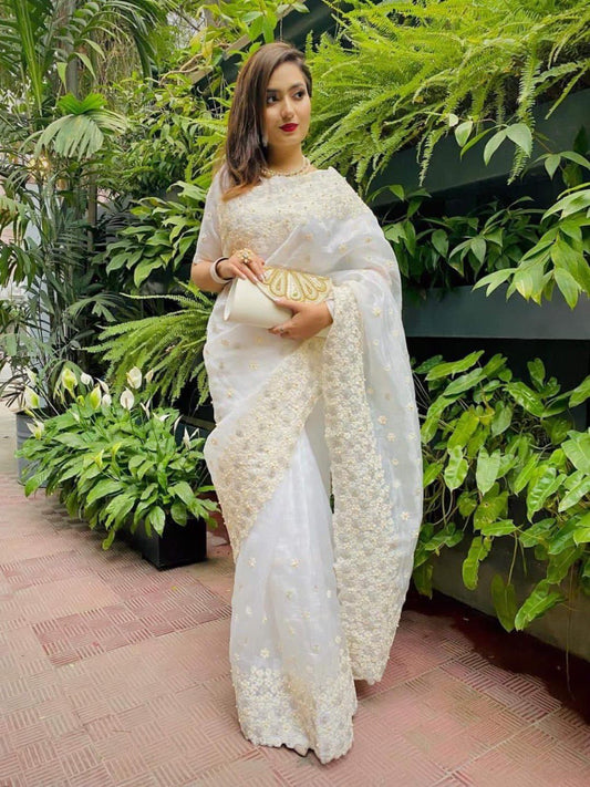 Heavy Organza Silk Embroidary And Moti Worked Saree Fantom Silk Blouse