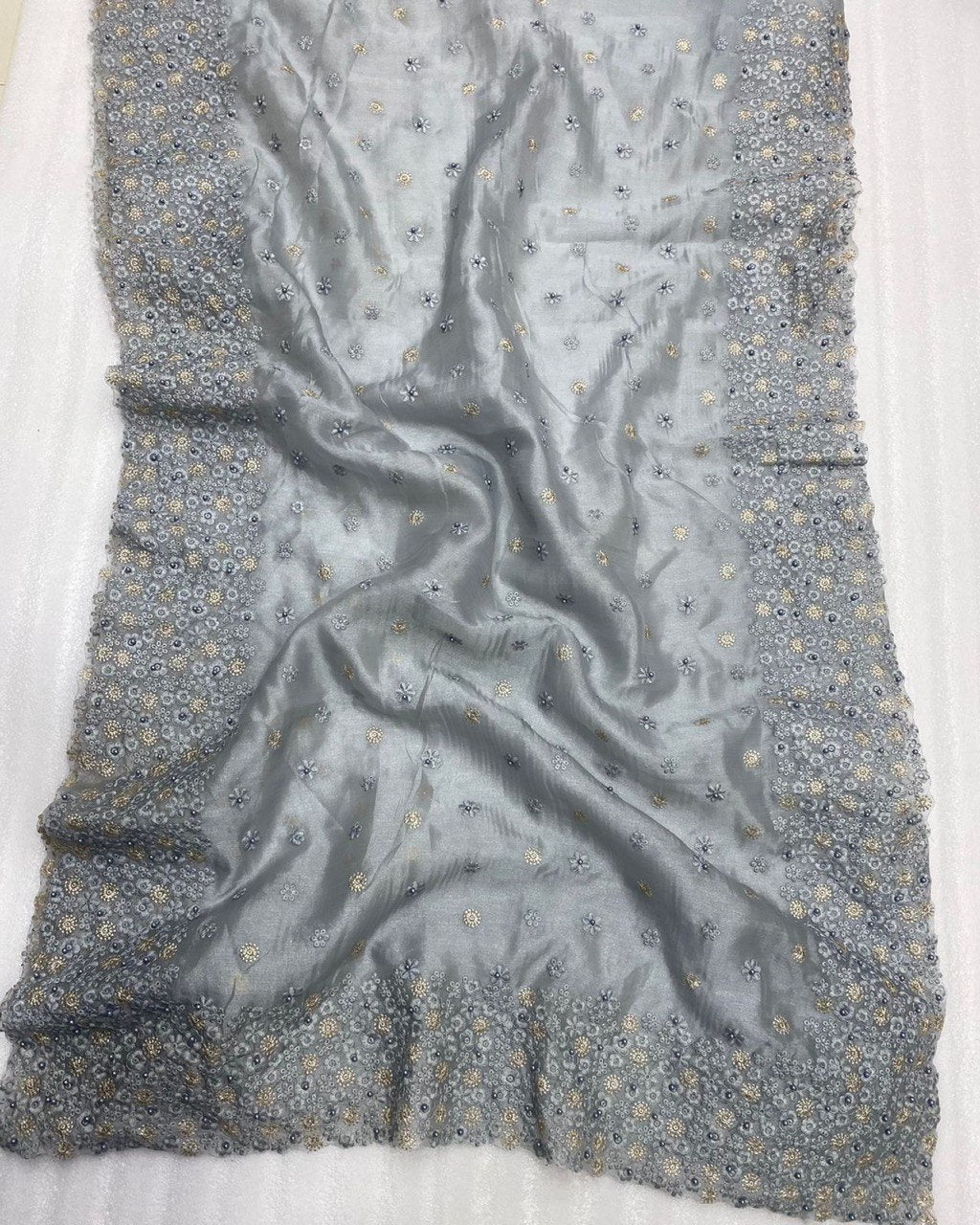 Heavy Organza Silk Embroidary And Moti Worked Saree Fantom Silk Blouse