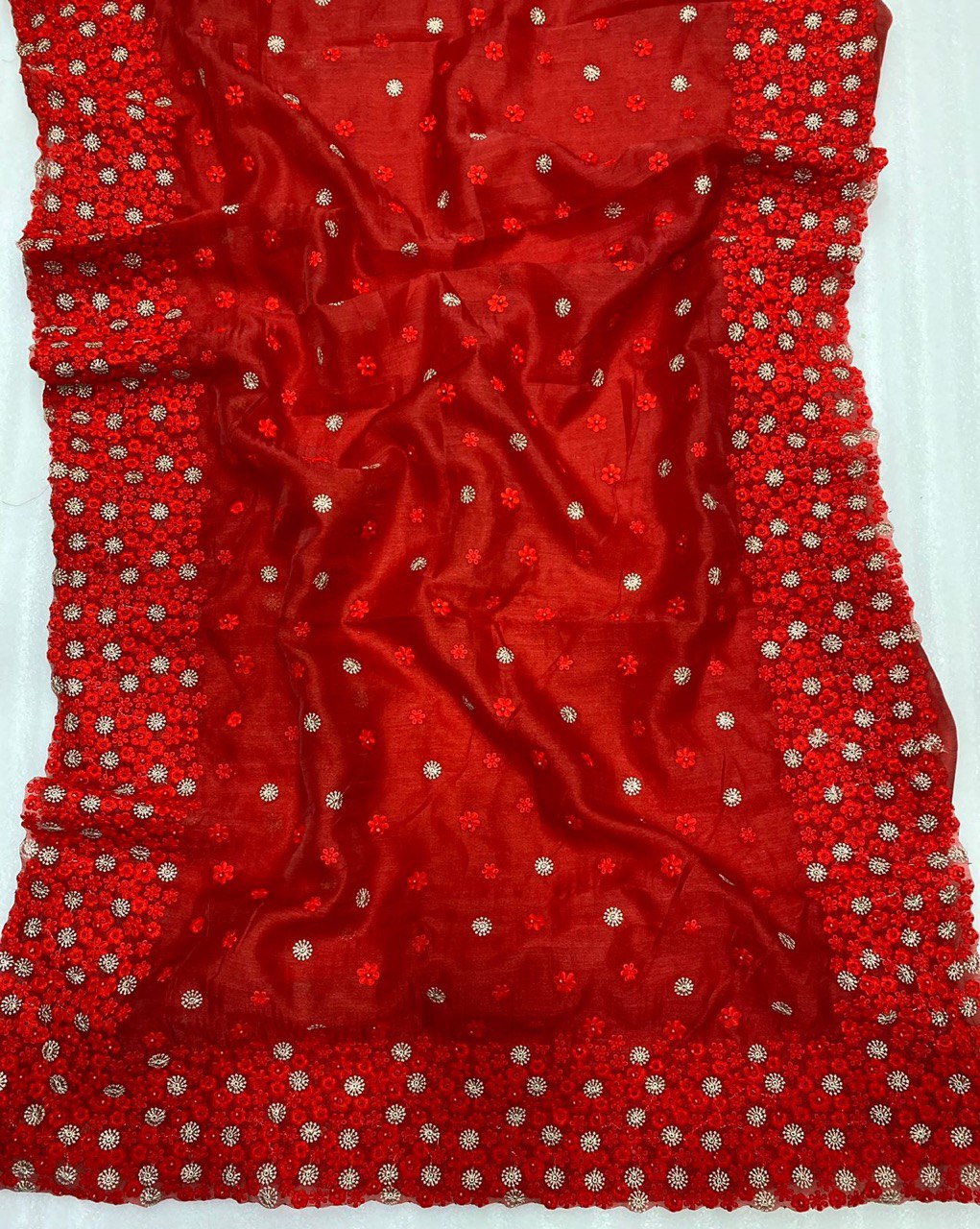 Heavy Organza Silk Embroidary And Moti Worked Saree Fantom Silk Blouse