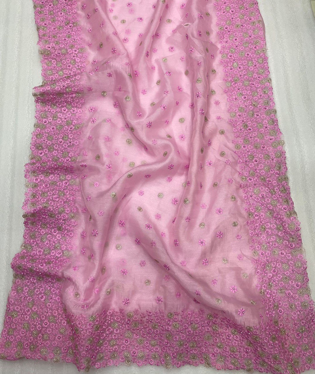 Heavy Organza Silk Embroidary And Moti Worked Saree Fantom Silk Blouse