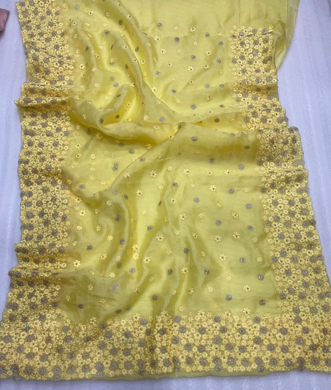 Heavy Organza Silk Embroidary And Moti Worked Saree Fantom Silk Blouse