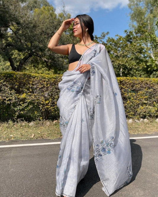 Soft Organza Silk Digital Prited Handworked Grey Colour Saree With Satin Silk Blouse