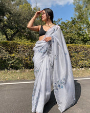 Load image into Gallery viewer, Soft Organza Silk Digital Prited Handworked Grey Colour Saree With Satin Silk Blouse

