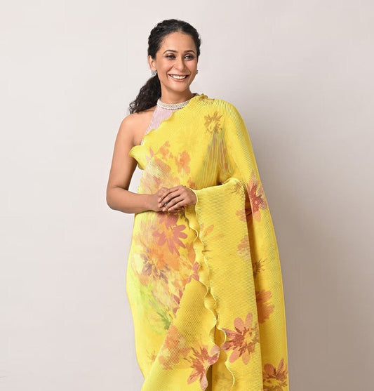 Designer Digital Printed Chinon All Over Plating Saree With Heavy Satin Plated Blouse