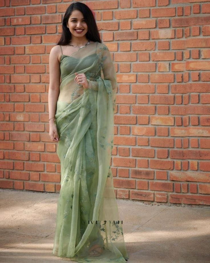 Green Color Soft Organza Silk with Flowery Digital Printed Saree