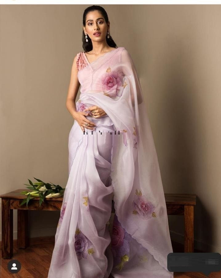 Purple Color Organza Silk Digital Printed Saree Blouse For Women