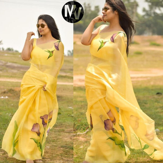 Yellow Color Organza Silk with Flowery Digital Printed Saree
