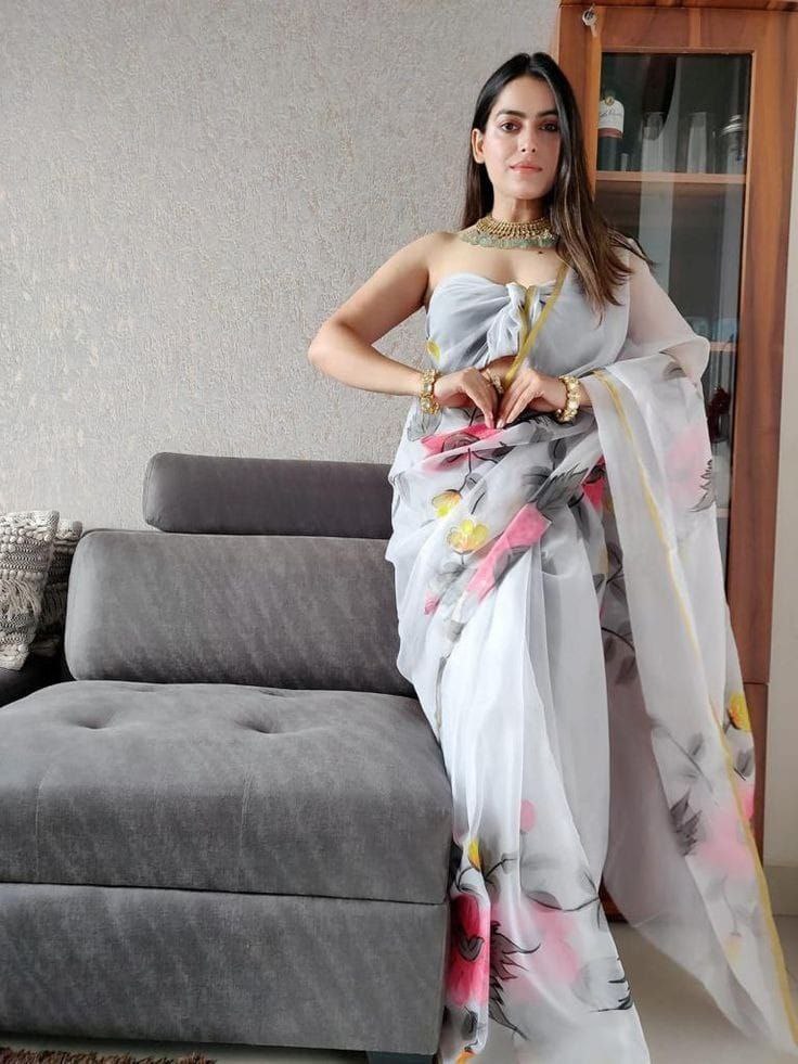Grey Color Soft Organza Silk with Flowery Digital Printed Saree