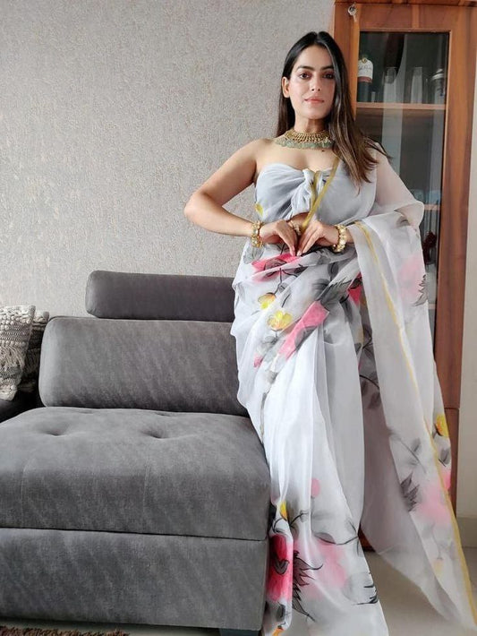 Grey Color Soft Organza Silk with Flowery Digital Printed Saree