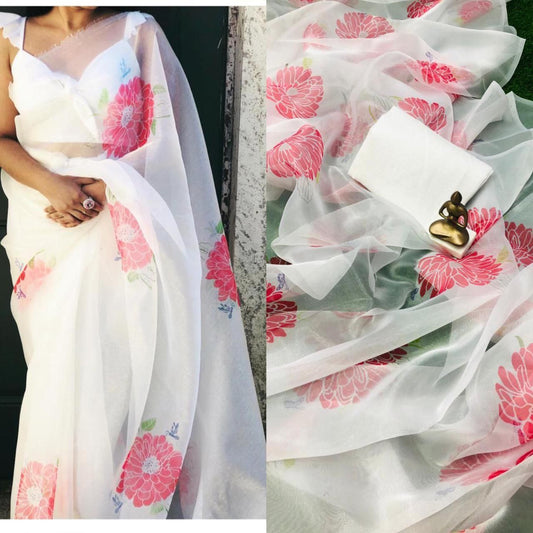 White Color Organza Silk with Digital Printed Saree Blouse