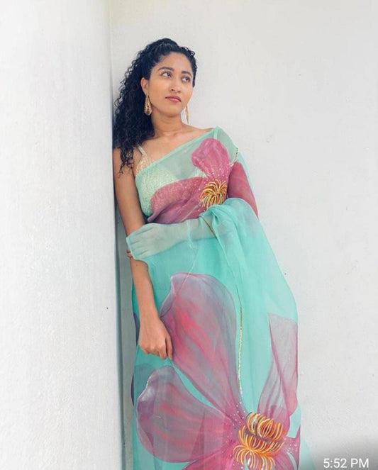 Amazing Sea Green Organza Silk Digital Print Saree Blouse For Women