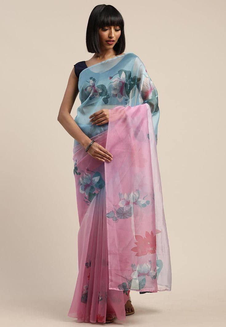 Winsome Dual Tone Unique Organza Silk with Flowery Digital Printed Saree