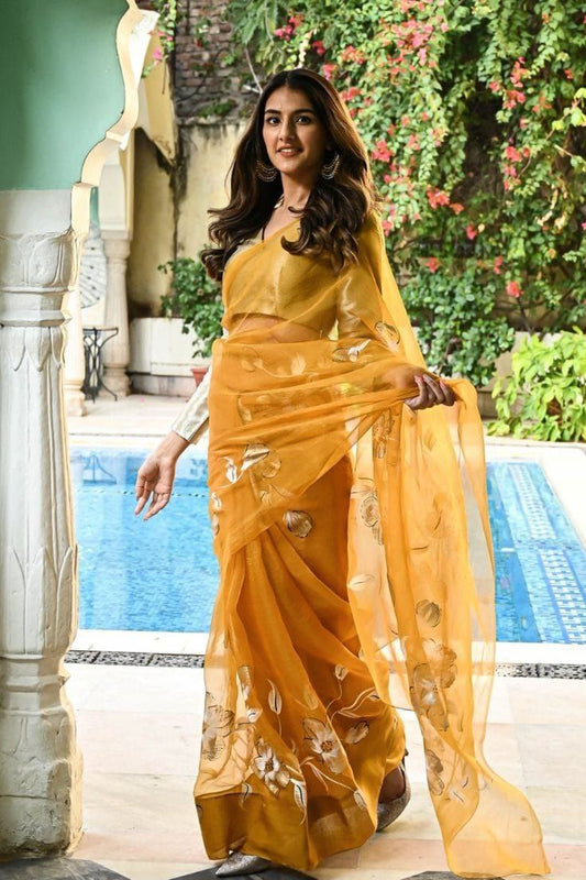 Charmiing Mustard Organza Silk with Flowery Digital Printed Saree