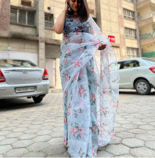 Wonedrful Grey Color Festive Wear Digital Printed All Over Organza Silk Saree Blouse