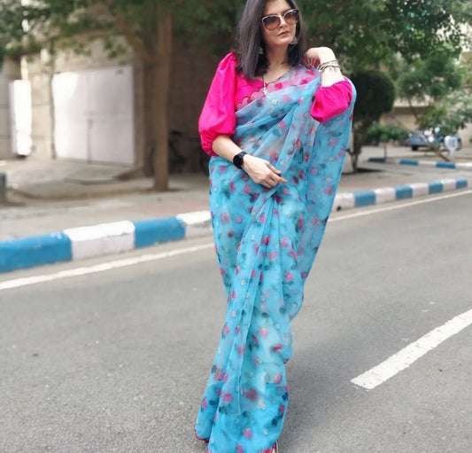 Stylish Sky Blue Color Organza Silk party Wear Saree With Pink Blouse