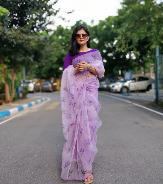 Lovely Light Purple Color Gorgeous Flower Printed Organza Silk Saree Blouse For Women
