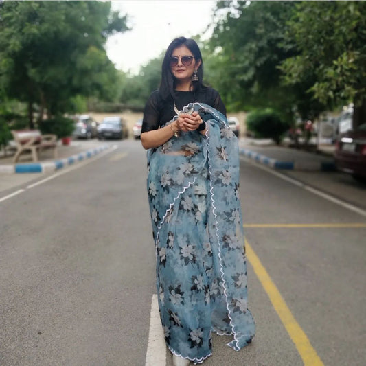 Sky Blue Color  Organza silk Digital Printed Designer Saree