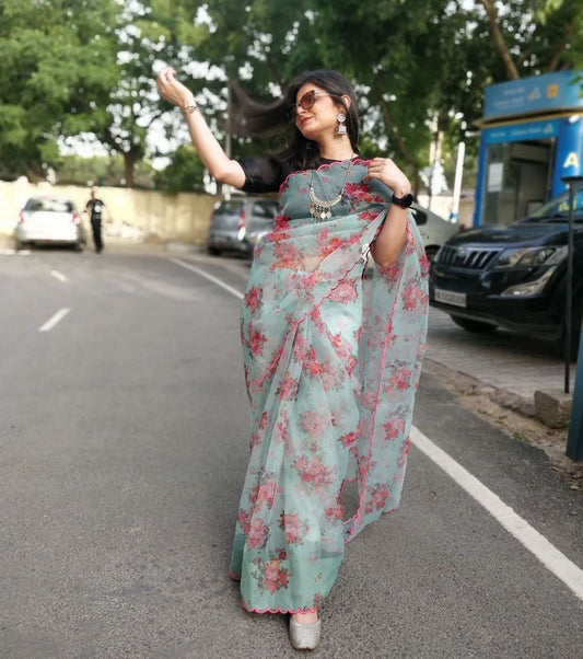 Fashionable Light Green Color Organza Designer Flower Digital Printed Saree For Women