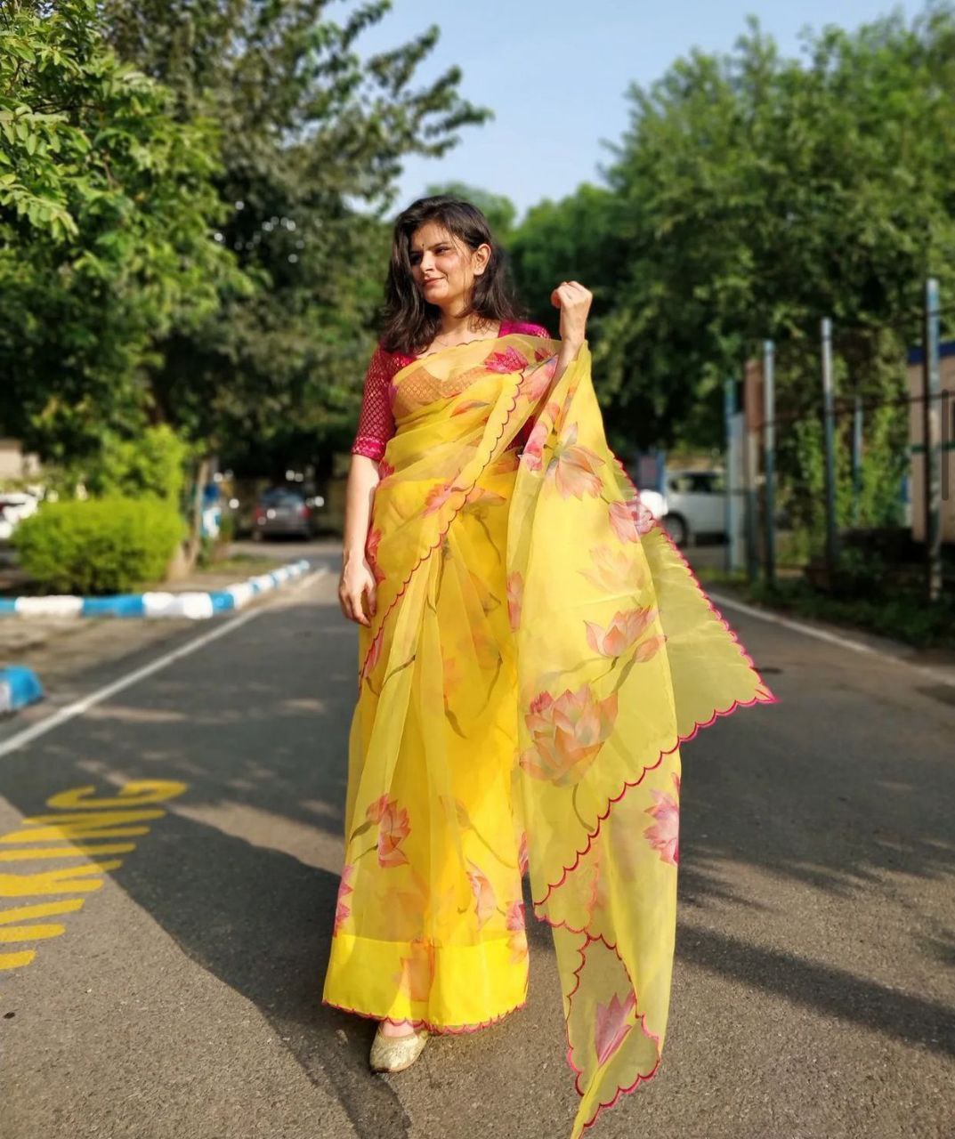 Party Wear Yellow Color Digital Printed Organza Silk Saree