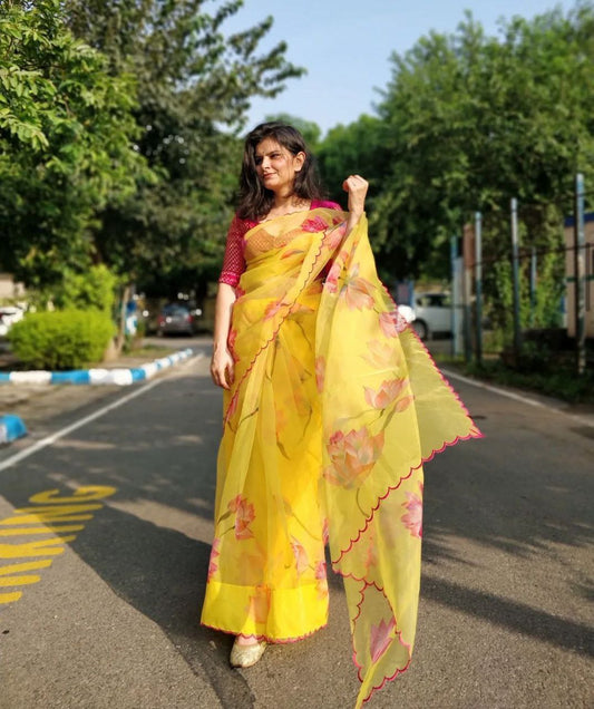 Party Wear Yellow Color Digital Printed Organza Silk Saree