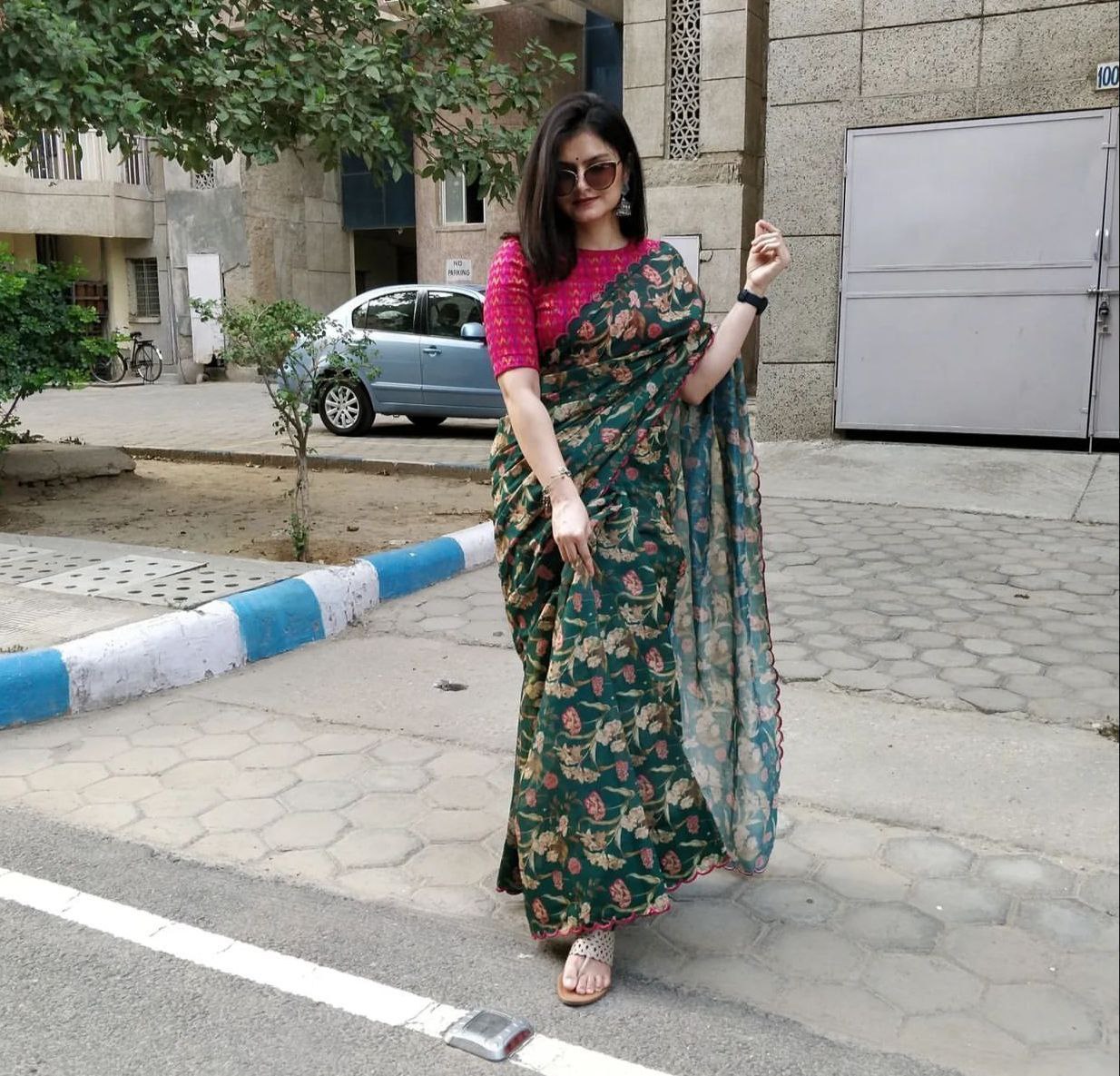 Dark Green Floral Printed Organza Silk Saree.