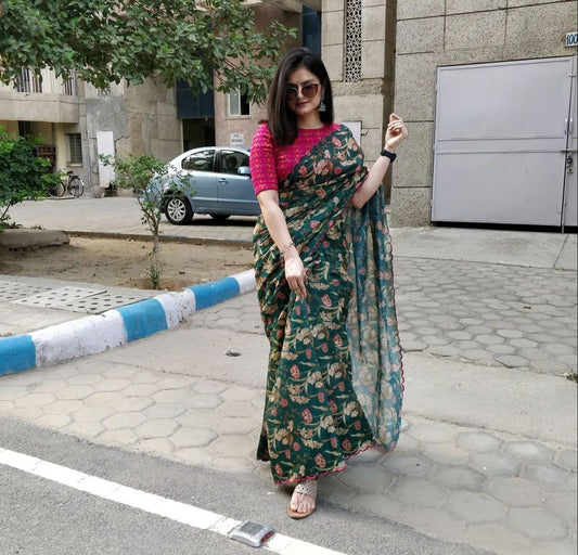 Dark Green Floral Printed Organza Silk Saree.